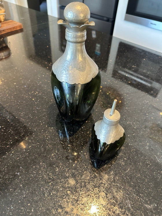 Art Deco Gero Pewter & Green Glass Decanter Set by Georg Nilsson, 1930s, Glass & Decanter, Multi Color (photo 3 of 5)
