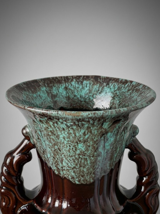 Large brown and turquoise enameled ceramic vase – ADP, Varages France - 27 cm (photo 6 of 10)