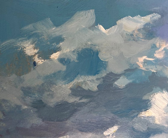 Image 1 of Peinture à l'huile originale, paysage marin d'été. Le soleil derrière les nuages.
