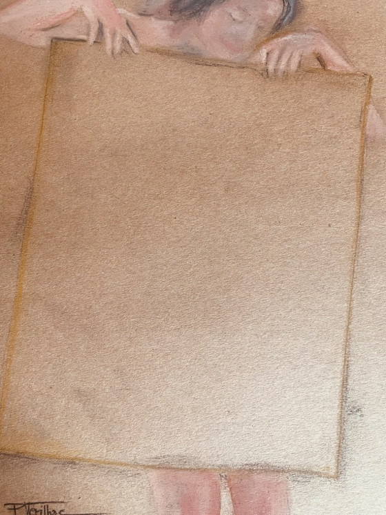 Image 1 of Tableau pastel signé sur papier ancien « modèle féminin dans l’atelier »