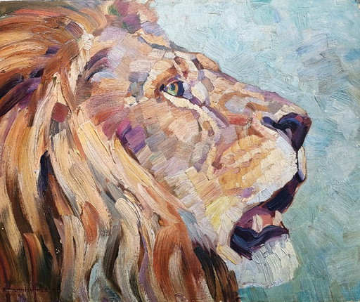 Ferdinand Stammhammer "Roaring Lion" - oil painting - signed by hand - (60 x 50 cm)