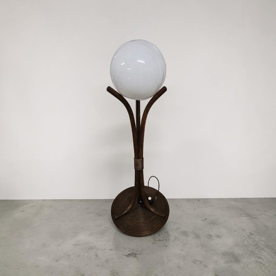 Mid-Century Bamboo Floor Light with Opal Glass Sphere, circa 1970s, Rattan, Brown, Vintage (photo 9 of 10)