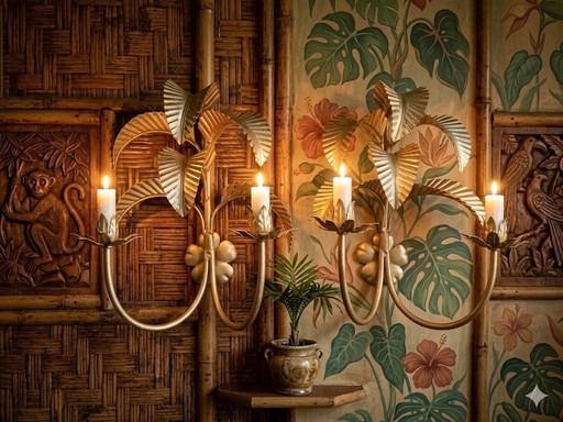 Par de apliques de pared con palmeras exóticas de estilo Hollywood Regency del siglo XX