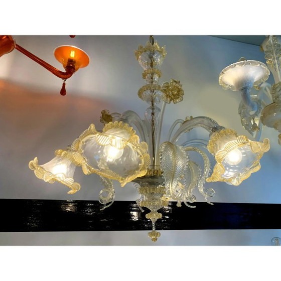 Image 1 of Lampadario in vetro di Murano in stile veneziano trasparente e oro con fiori e foglie