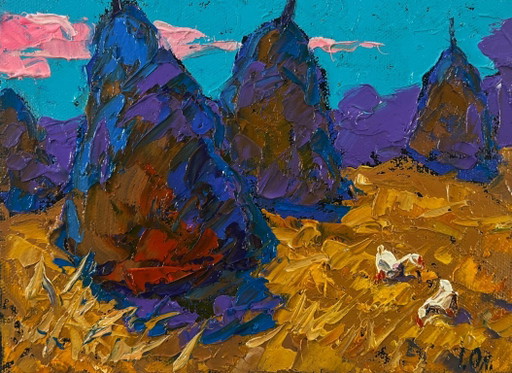 Pintura al óleo original: Paisaje de campo natural. Un cálido día de primavera.
