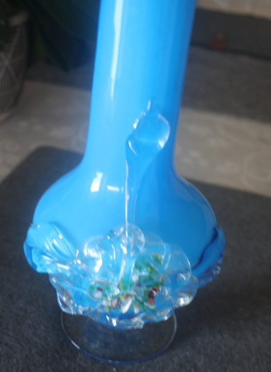 Image 1 of Blue hand-blown vase from Stevens & Williams with appliquéd flower