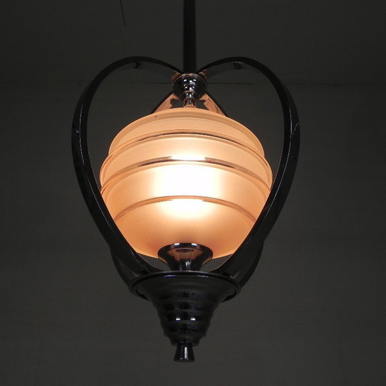 Image 1 of Art Deco pendant lamp with glass shade in a chrome frame, 1930s