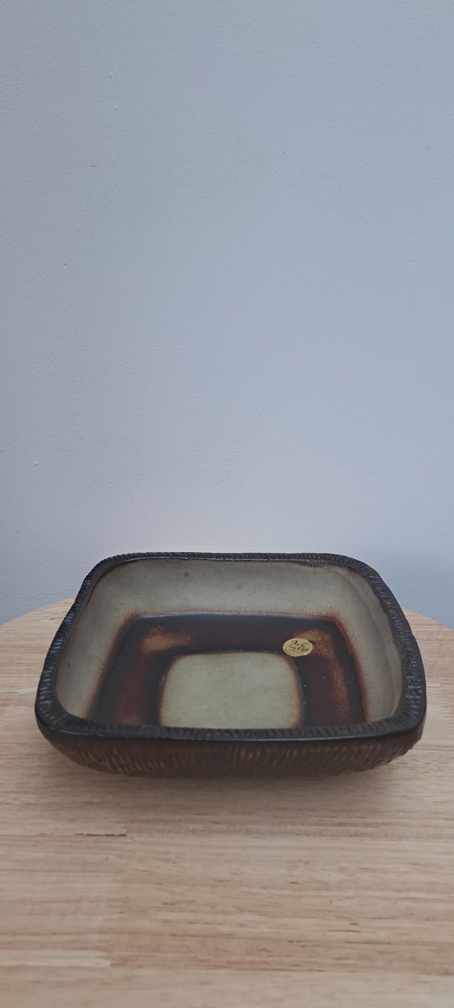 Cuenco de cerámica brutalista de Jan van Erp – 20×20 cm – esmaltado marrón/verde – vintage