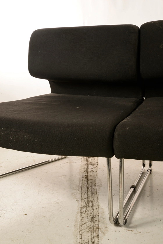 1960s 3-Piece Sofa with Two Curved Sections and One Straight Central Section, Black Fabric and Chrome Steel (photo 9 of 10)