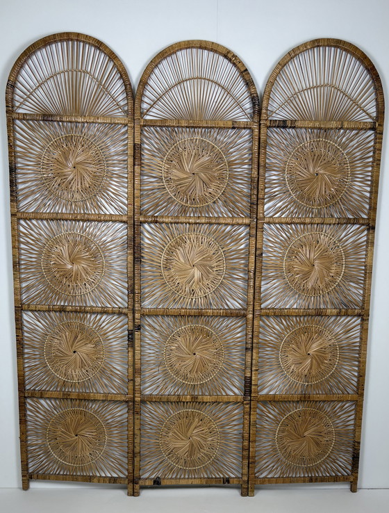 Image 1 of Vintage Sunburst rattan bamboo large folding screen room divider