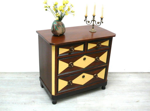 Antique chest of drawers with 4 drawers, Wilhelminian style dark walnut with shabby yellow, around 1890