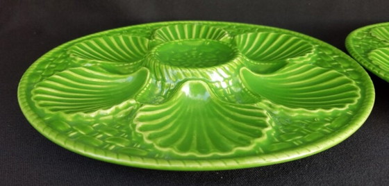 Image 1 of Set of 4 Vintage French Green Oyster Plates | Majolica Style Ceramic Seafood Serving Plates
