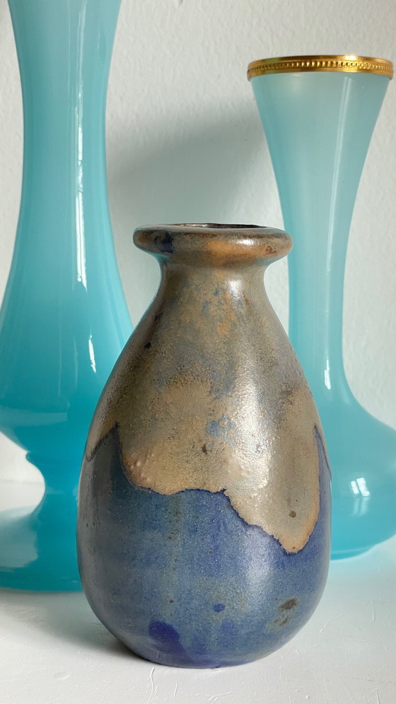 Image 1 of Vintage Blue Stoneware and Opaline Glass Vases