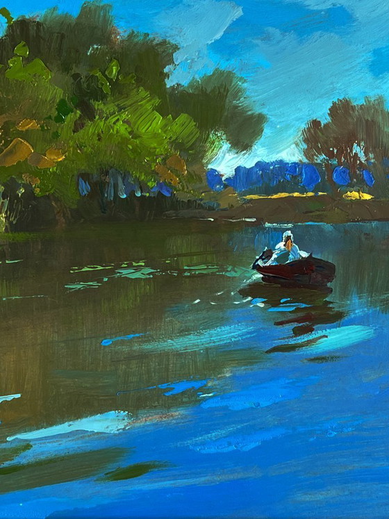 Image 1 of Peinture à l'huile originale, paysage naturel, collines d'été, bateaux sur la rivière
