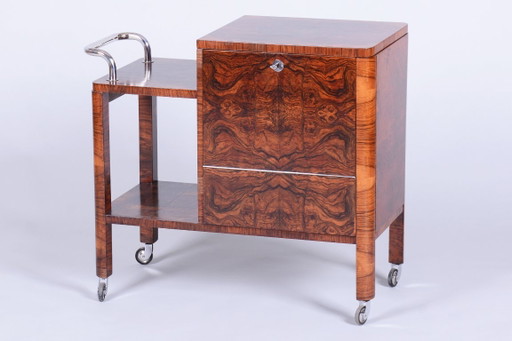 Carrello di servizio Art Déco restaurato, in noce, rilucidato, di fabbricazione ceca, anni '20. – serveerwagens, Metal, Wood