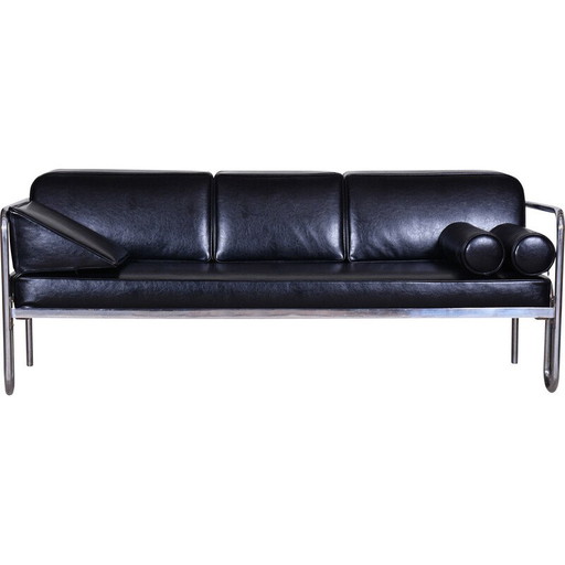 Vintage Bauhaus sofa in leather and chrome-plated steel, Czechoslovakia 1930s