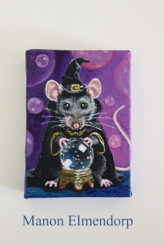 Unique Hand-Painted Miniature Painting Magic Mouse Signed, Paintings & Drawings, Canvas, Purple, Figuratief (photo 6 of 6)
