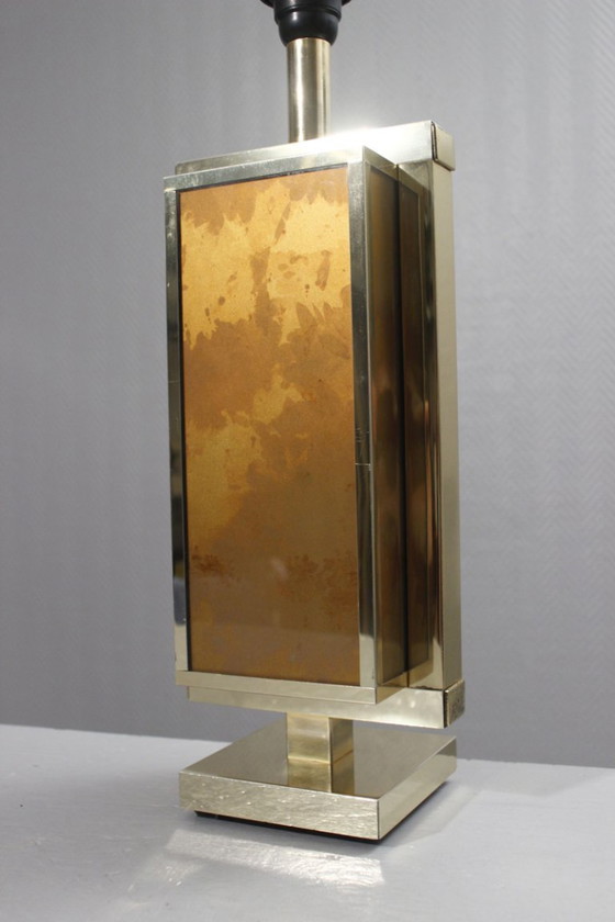Image 1 of Philippe Cheverny - Grote messing lampvoet met omgekeerd beschilderd glas, Frankrijk, jaren 70