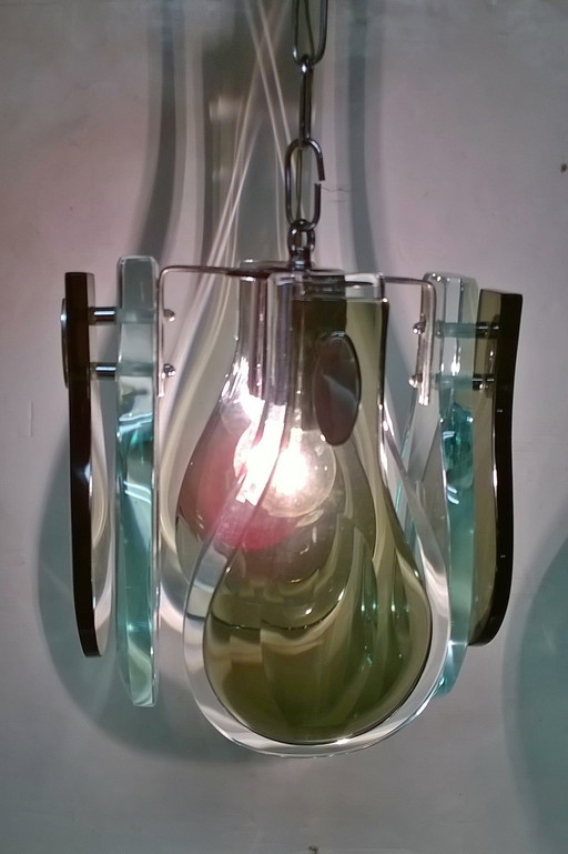 Vintage glass and chrome steel pendant lamp, Italy 1970