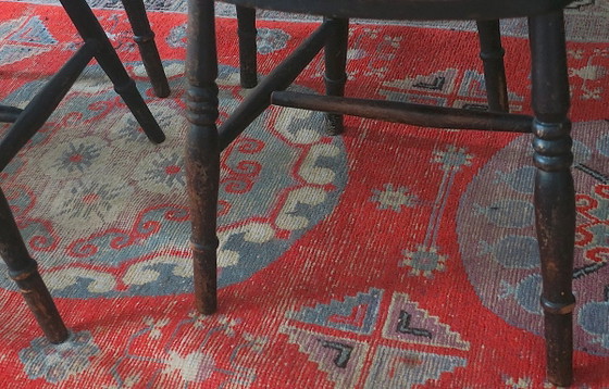 Image 1 of Antieke set van 4 gepatineerde eikenhouten eetkamerstoelen in boerderijstijl, 19e eeuw