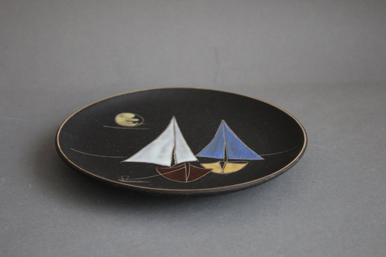 Image 1 of RUSCHA wall plate, sailboats, hand-painted ceramic, mid-century 1950s/60s