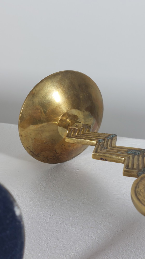 Image 1 of Pair of patinated vintage brass candlesticks, Memphis style, 1980s