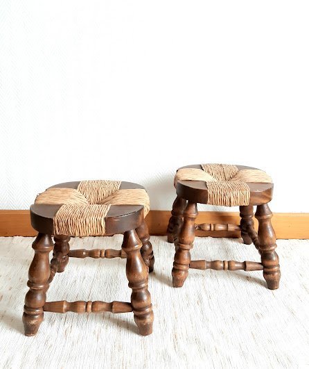 2x Low wood and straw stools 1950 Dudouyt style