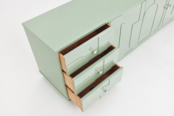 Vintage Sideboard, Wood, Relief, Pastel Green, High-Gloss Finish, 1970s (photo 7 of 15)