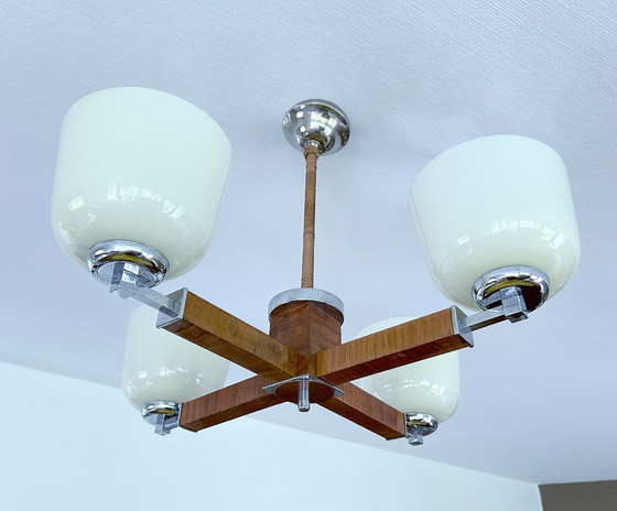 Image 1 of Lampe pendante Art Déco en bois et verre chromé