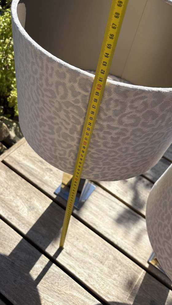 Image 1 of 2 x Paul Evans Skyscraper Style Set Table Lamps with Chrome and Gold Mirrors and Gray Panther Print