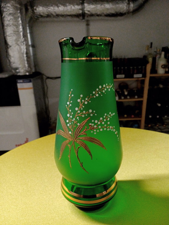 Image 1 of Vintage vase green with gold overlay.