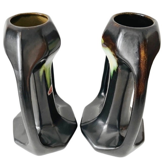 Image 1 of Antique Thulin Art Nouveau vases, matte black and green ceramic, 1910s