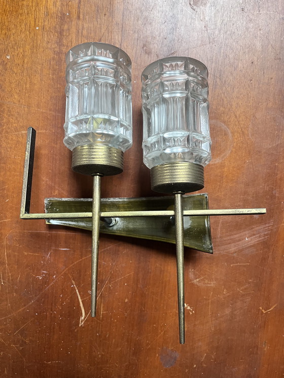 Image 1 of Lot de 2 Paires d'Applique en Verre, Laiton et Métal Laqué Noir, 1950