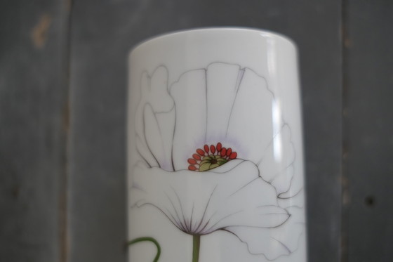 Image 1 of Vase Vintage Scherzer Porcelaine Blanche avec Coquelicot