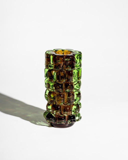 Skrdlovice “Ananas” Vase by František Vízner, 1971 Amber & Green Czech Art Glass