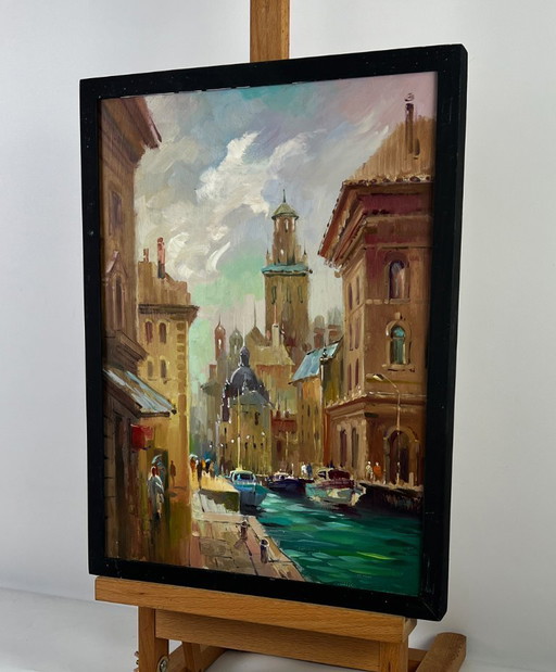 Original Oil Painting City River Landscape Venetian reflection