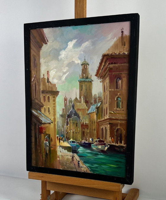 Image 1 of Original Oil Painting City River Landscape Venetian reflection
