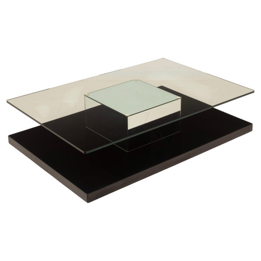 Table basse Cidue Mid Century italienne en laque noire, miroir et verre 1970