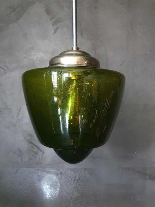 Vintage Green Art Deco Bubble Glass Conical Pendant Lamp