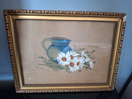 Still Life Daisies – A.Lambrechs, Paintings & Drawings, Glass, Paper (photo 2 of 6)