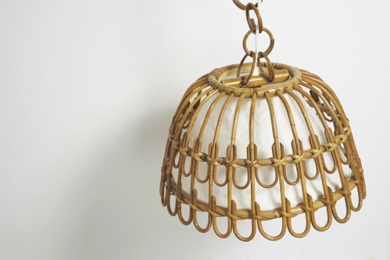 Image 1 of Vintage Rattan Bell Pendant Lamp, Louis Sognot Style Cane Ceiling Light, French Riviera Mediterranean Decor