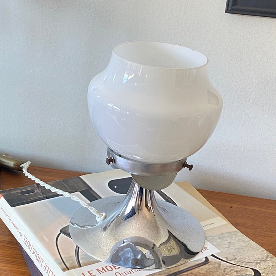 Image 1 of Vintage globe lamp in white opaline glass and chrome-plated metal
