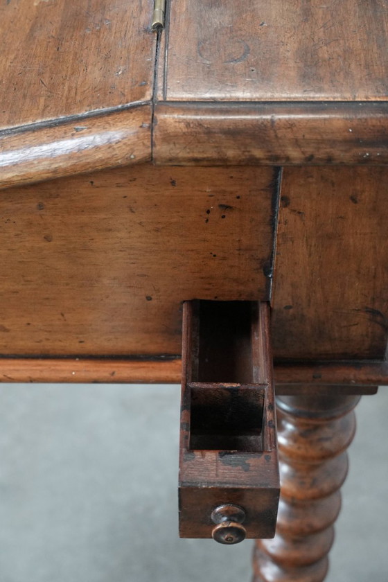 Image 1 of 19th century English antique oak wall desk/writing table on castors