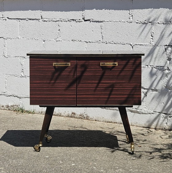 Image 1 of Mid-Century Formica Bar Trolley - Bar Cabinet - Mahogany Style - 60s