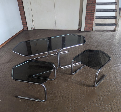 Table basse vintage/ table basse -chrome/ verre fumé- 1970