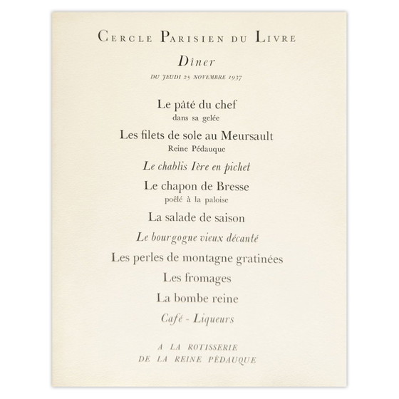 Image 1 of Charles Emile Carlegle, Dinermenu van de Parijse Boekenkring, lithografie, 1937