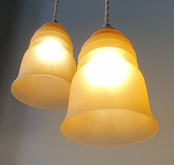 Image 1 of Set Vintage franse hanglampen in klokvorm - gekleurd glas.
