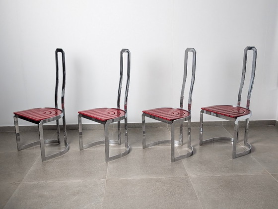 Image 1 of Sedie postmoderne in cromo e legno rosso, set di 4, anni '80