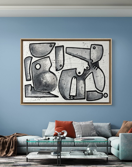 Image 1 of Gigantisch kubistisch schilderij op canvas "Interieurarchitectuur" 140 x 100 cm