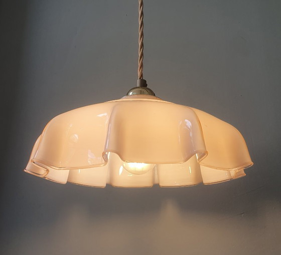 Vintage French pendant lamp - pastel rose opaline glass. – Metal (photo 14 of 15)